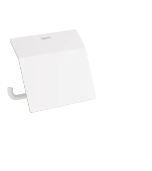Toilettenpapierhalter in weißer Ausführung von Hansgrohe. Das Produkt hat einen Deckel und ist an einer Wand montiert.
